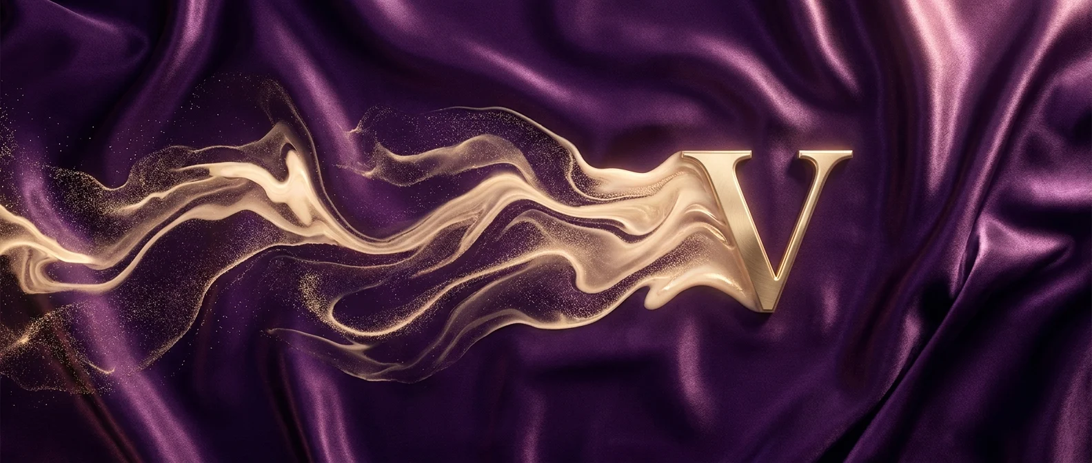 A golden 'V' emerges from swirling purple silk, representing digital artistry.
